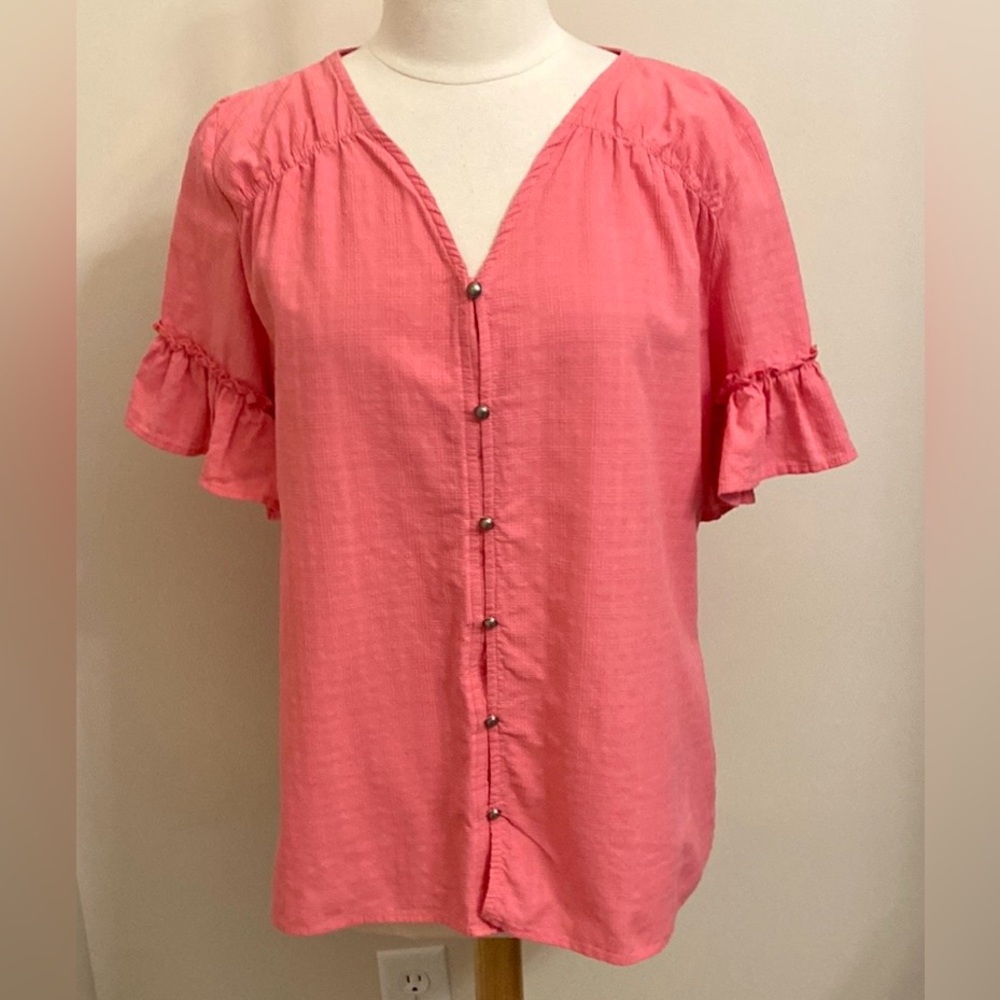 Terra & Sky Pink Textured SZ 0X Boho Cottagecore Coastal Classic Button Down Top